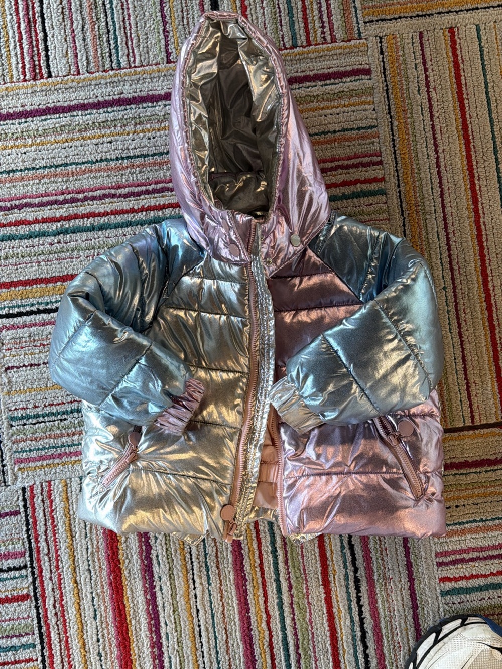 Stella McCartney girls puffer coat 3t metallic silver pink blue
